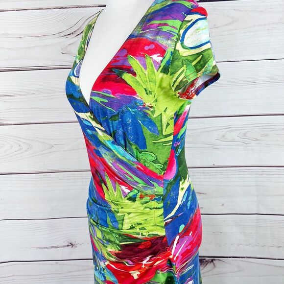 Joseph Ribkoff Colorful Tropical Faux Wrap Dress Sz 8 - Picture 5 of 7